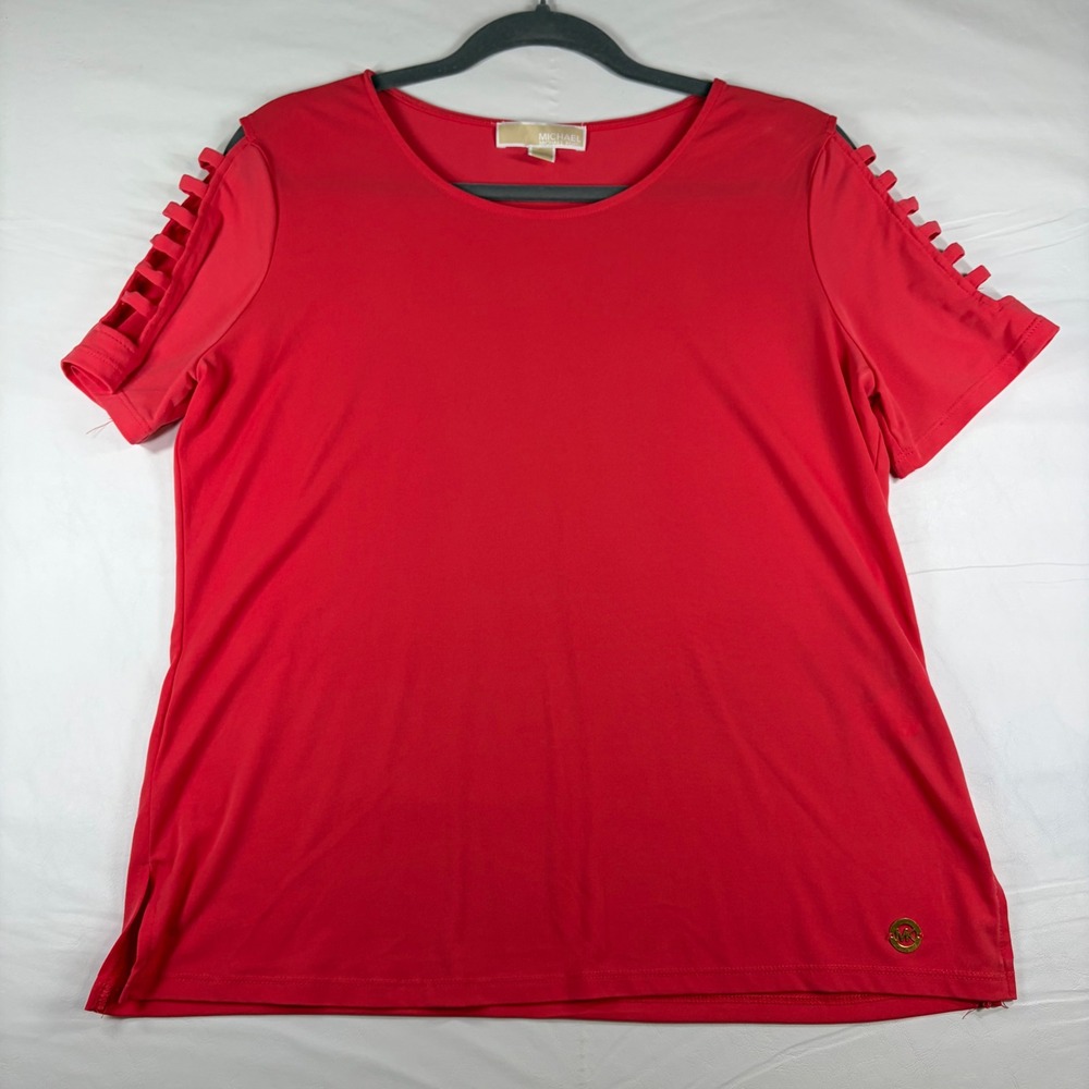 Michael Kors Red Ladder Cutout Shoulder Short Sleeve Top Blouse Womens Large - Picture 2 of 7